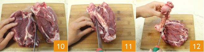 Dopodichè dividete a metà la coscia (10) e, sempre aiutandovi con il coltello, scavate la carne attorno all