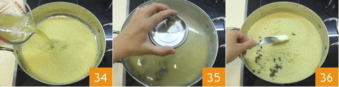 Aggiungete gradualmente circa 300 ml di brodo (34), mescolando con una forchetta.