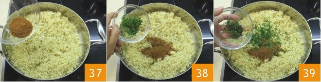 Trascorso questo tempo, aggiungete 20 gr di burro e sgranate il couscous con i rebbi di una forchetta (36).