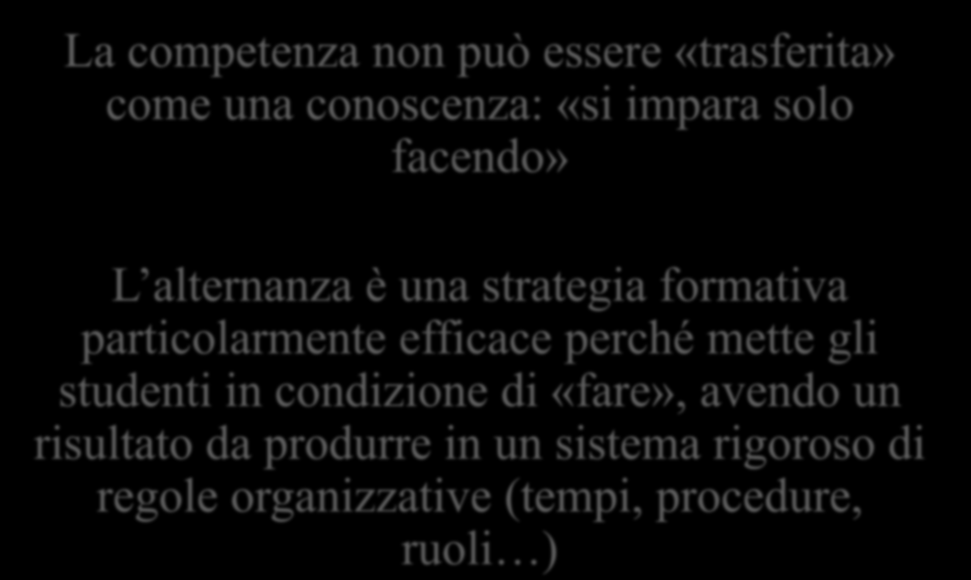 ALTERNANZA SCUOLA LAVORO La competenza non può essere «trasferita» come una conoscenza: «si impara solo facendo» L alternanza è una strategia formativa particolarmente