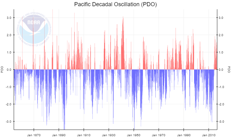 La fase fredda o negativa della PDO è caratterizzata da acque superficiali più fredde della norma (dove la norma è definita dai valori medi su tempi molto lunghi, dell ordine del secolo) sul settore