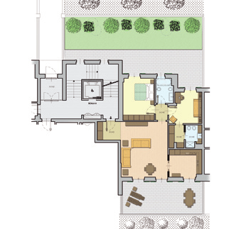 Corpo A - int 3 SCALA A terra 130 mq ingresso, soggiorno, cucina abitabile, camera matrimoniale, camera