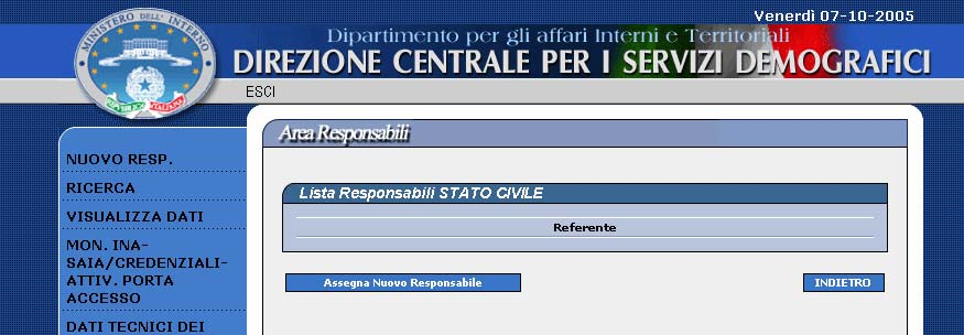 1. Lista dei Responsabili per l area selezionata: Usare il tasto: Assegna Nuovo Responsabile per aggiungere un nominativo già presente nel sistema; Indietro per tornare alla pagina di Ricerca;