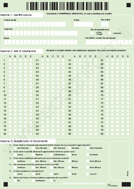 Lo strumento Fax è 80 domande multiple, con questionario di gradimento Modulo a lettura ottica con codice a barre identificativo set di questionari multipli Verifica sul