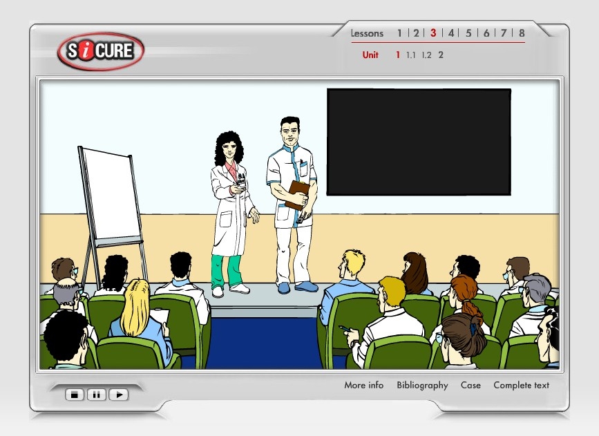 Corso FAD: Impostazione logico-grafica - L Area Contenuto presenta un ambiente virtuale che simula un aula di formazione.