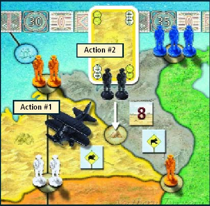 Esempio: Il giocatore nero vola nella regione gialla (prima azione). Gioca la carta gialla e piazza due ranger nella regione.