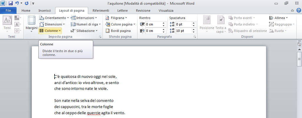 Formato colonne Se il testo di una poesia o di una canzone