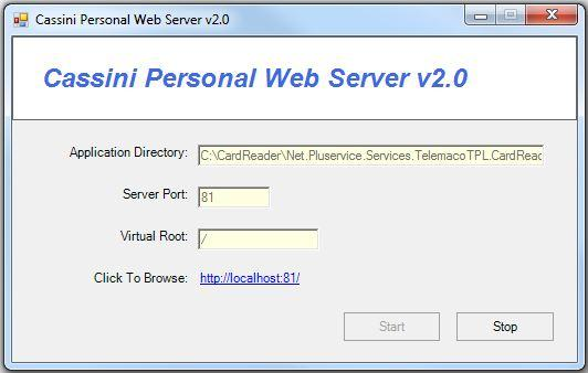 Fig. 3.1 Avvio del programma Cassini Personal Web Server. L operatore non deve far nulla in questa maschera: potrà quindi ridurla a icona. N.B. La maschera di fig. 3.1 NON deve essere chiusa (né con la X in alto a destra, né cliccando su ), altrimenti non sarà possibile utilizzare il lettore di smartcard.