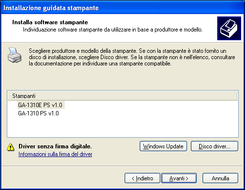 INSTALLAZIONE DEI DRIVER DI STAMPA 15 13 Nell area Stampanti, selezionare il driver di stampa GA-1310 come stampante da utilizzare e fare clic