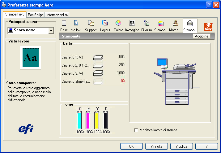 STAMPA 54 Visualizzazione dello stato della fotocopiatrice Se è stata abilitata la comunicazione bidirezionale per la propria stampante, è possibile monitorarne lo stato, inclusi i livelli di