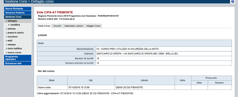 Pag. 25 di 29 Immagine 25 Dalla pagina di dettaglio è possibile per ognuna delle schede modificare i dati inseriti. Le modifiche ai dati sono possibili fino al momento della chiusura del corso.