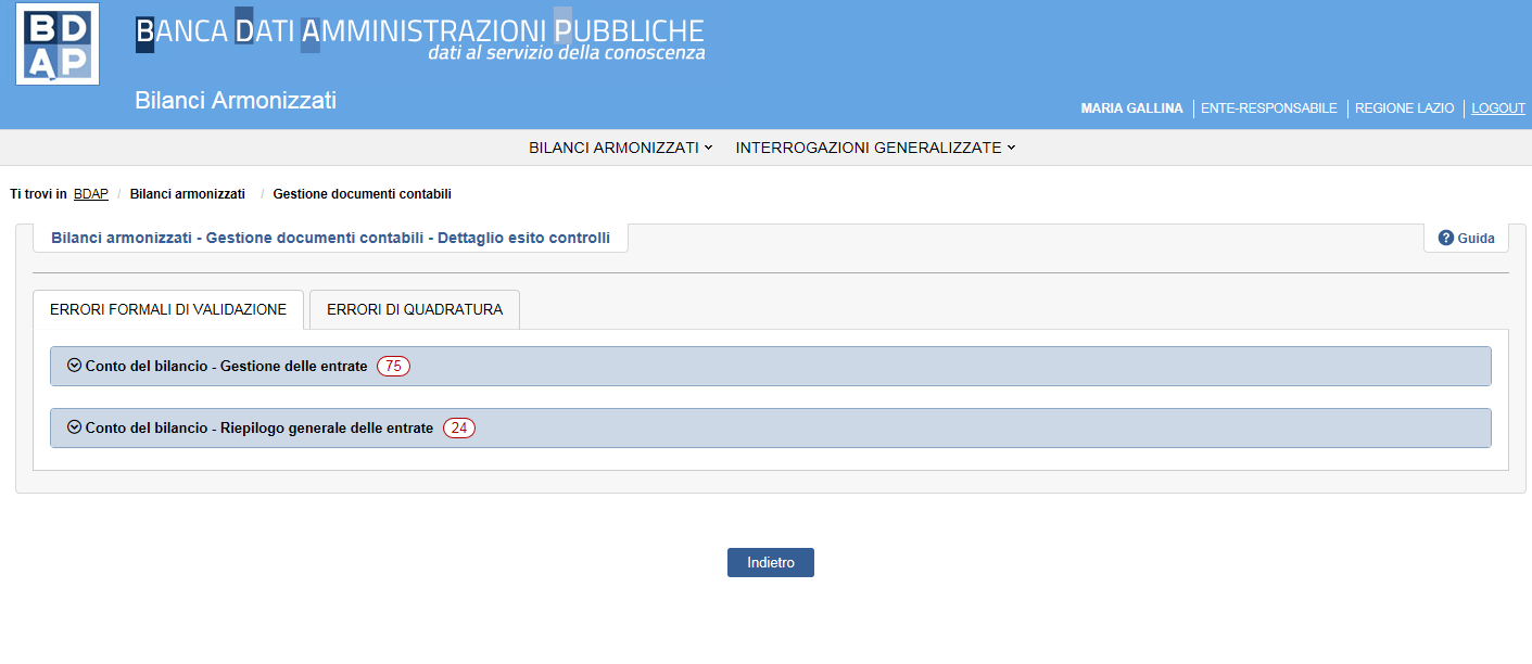 ERRORI FORMALI DI VALIDAZIONE: la scheda contiene una pagina con tante sezioni espandibili all esigenza, una per ogni prospetto del documento contabile per il quale sono stati rilevati errori formali