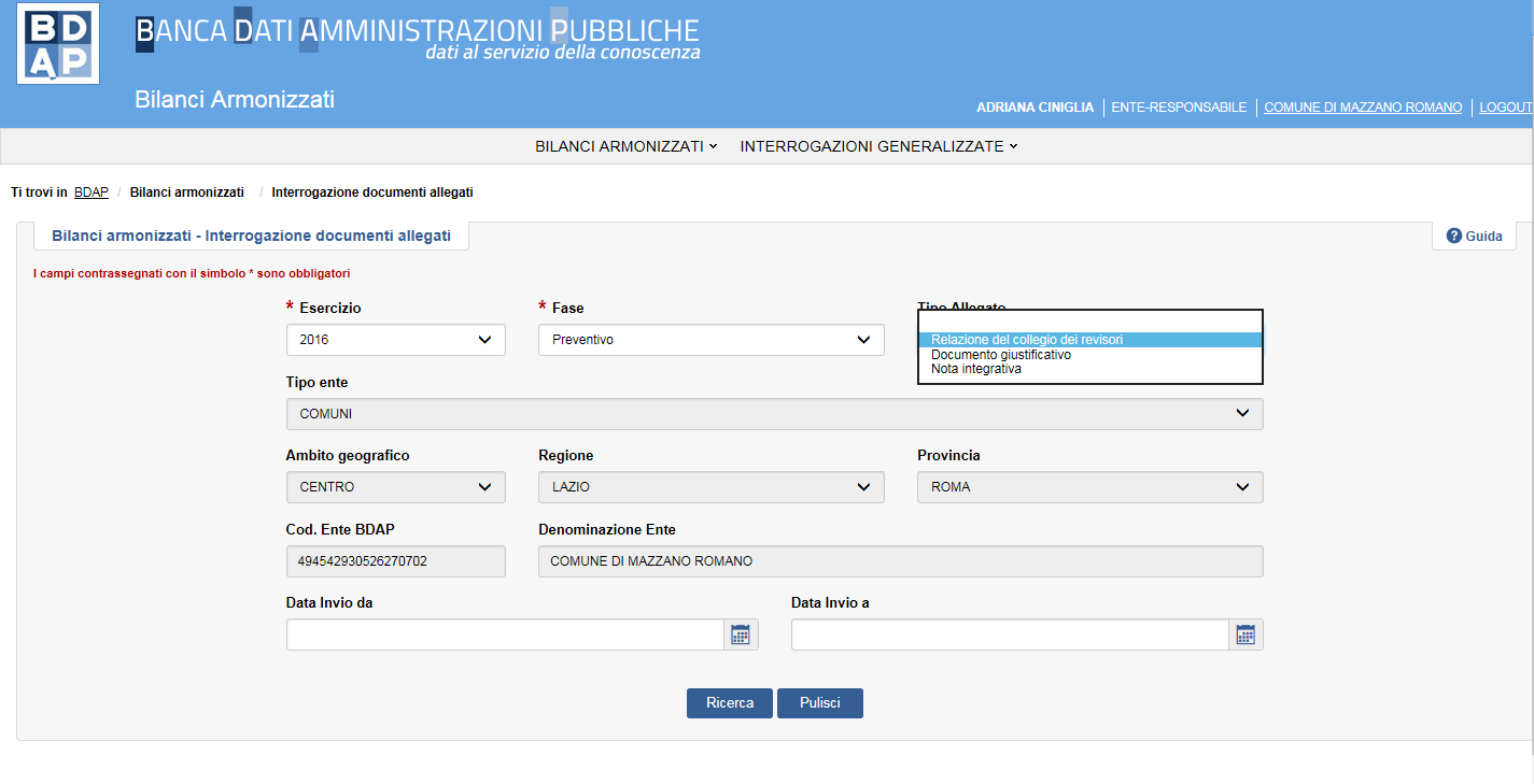 La prima pagina della funzione consente di ricercare i documenti allegati tramite i seguenti estremi di ricerca: Alla pressione del pulsante RICERCA la funzione verifica la presenza di