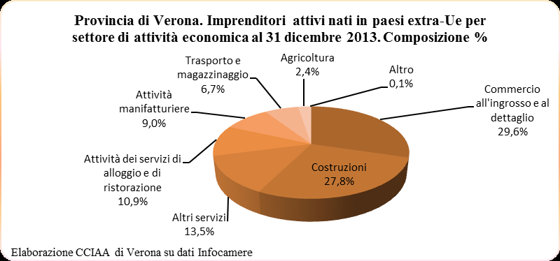 I SETTORI DI ATTIVITA Nella provincia di Verona, le persone nate all'estero (comunitarie ed extracomunitarie) iscritte a vario titolo al Registro delle Imprese al 31 dicembre 2013 sono