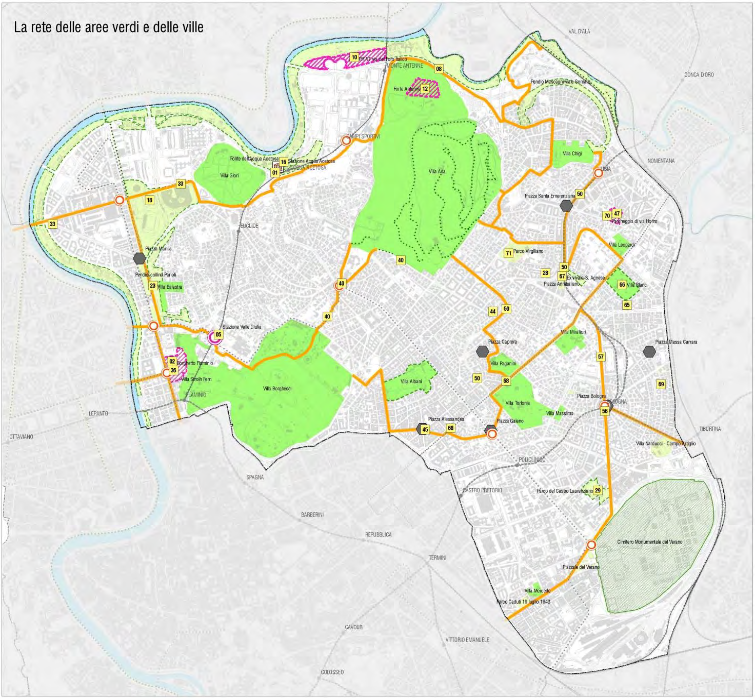 La rete dei parchi e delle ville Il macro-obiettivo La rete dei parchi e delle ville riunisce tutti gli interventi proposti sulle aree verdi e punta, attraverso la realizzazione di numerosi assi di
