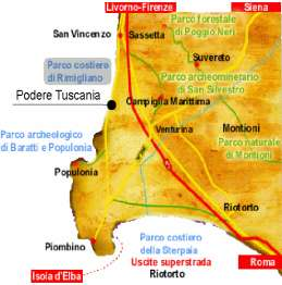 1, uscita San Vincenzo Nord - Seguire le indicazioni per Piombino - Il Podere Tuscania si trova a circa 7 Km dall'uscita del paese di San Vincenzo, sulla destra, lungo la strada che collega San