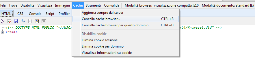 3) Eliminare la cache del browser, tramite la seguente modalità operativa: Da una pagina di Internet premere il pulsante F12 per far comparire il Menù sottostante: Figura 4 Selezionare Cache\Cancella