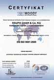 Qualità HAUPA è certificata dal 1996 a norma DIN EN ISO 9000 (DIN EN ISO 9001 dal 2003).