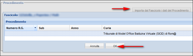 FIGURA 8 - SELEZIONE DELLA CURIA Per l importazione dei dati del procedimento dal fascicolo, cliccare il bottone Importa dal Fascicolo i Dati del