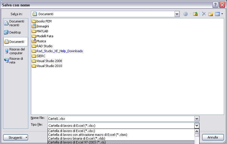 xls) (figura 22), quindi bisogna fare attenzione a salvare il file in maniera corretta