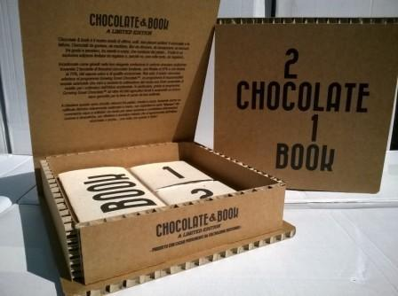 2 chocolate & 1 book -scatola alveolare multistrato 25*25*6 -cioccolato al latte -cioccolato fondente -libro stampato su carta