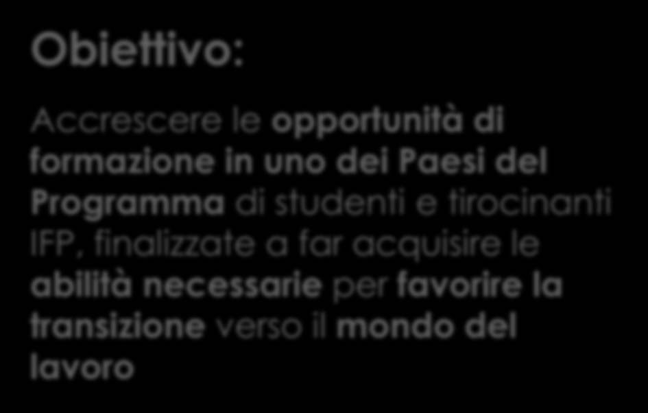 KA 1- Mobilità per l apprendimento Istruzione e formazione professionale: Studenti e apprendisti Obiettivo: