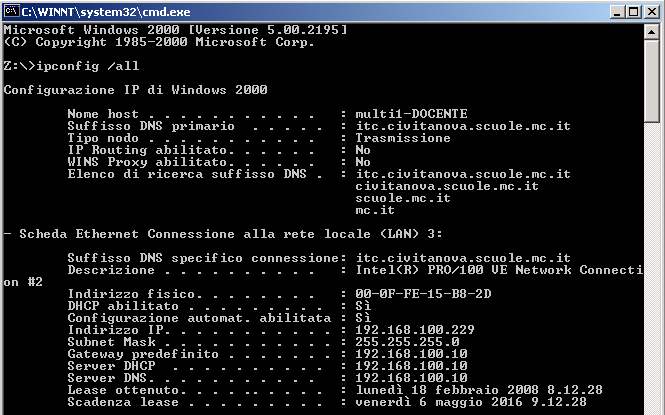 Gli indirizzi IP L utente può vedere il proprio indirizzo IP assegnatogli dal Provider tramite il comando ipconfig /all nella shell da lanciare con START -> ESEGUI