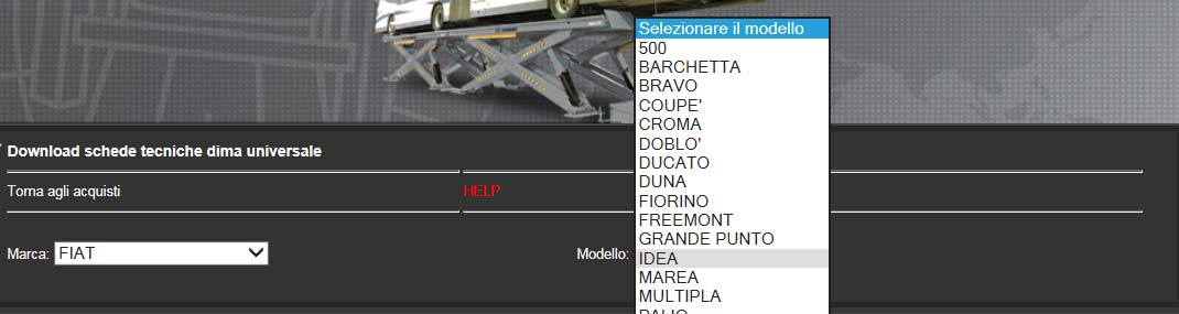 C5) Selezionare marca (produttore) e modello del veicolo tramite gli appositi elenchi. C6) Cliccare su download.