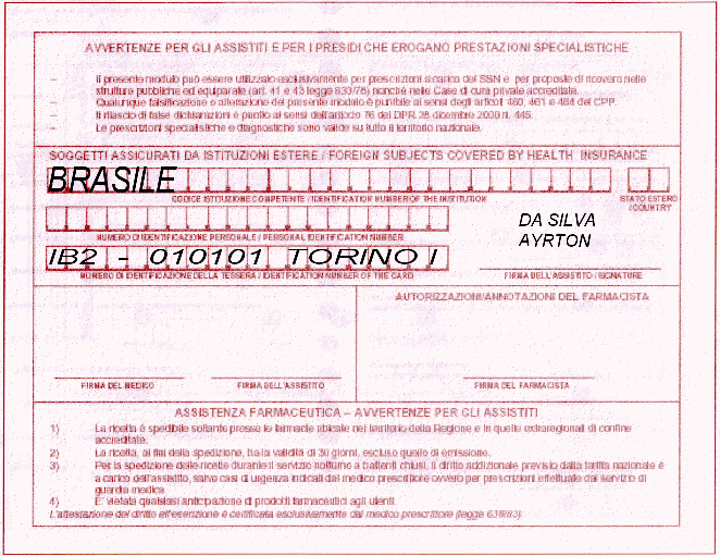 FACSIMILE COMPILAZIONE RICETTA ASSISTITO EXTRA UE