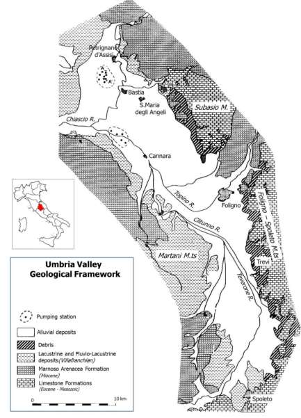 Area di studio Ubicazione dell area Inquadramento geolitologico Termini del bilancio di massa Settore freatico di Petrignano Acquifero monostrato Settore confinato di Cannara Acquifero tri-strato