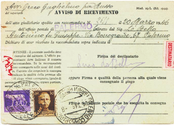 8 Regno d Italia - Uso negli altri servizi postali: Atti giudiziari Tariffa: IX periodo 1.2.1946-13.6.1946 lire 4 Avviso di ricevimento per il servizio Notificazione Atti Giudiziari, Mod.