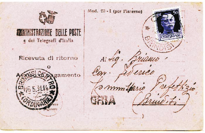 8 Regno d Italia - Uso negli altri servizi postali: Cartolina raccomandata e assegno postale Tariffa: VI periodo 16.8.1927-30.