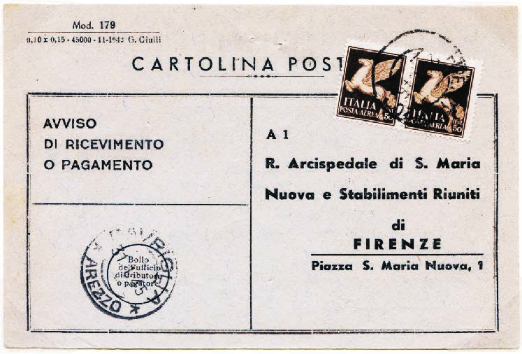 8 Regno d Italia - Uso negli altri servizi postali: Cartolina postale usata per A/R Tariffa: VII periodo 1.10.1944-31.3.1945 lire 1 Tariffa: VIII periodo 1.4.1945-31.1.1946 lire 2 Avviso di ricevimento, Mod.