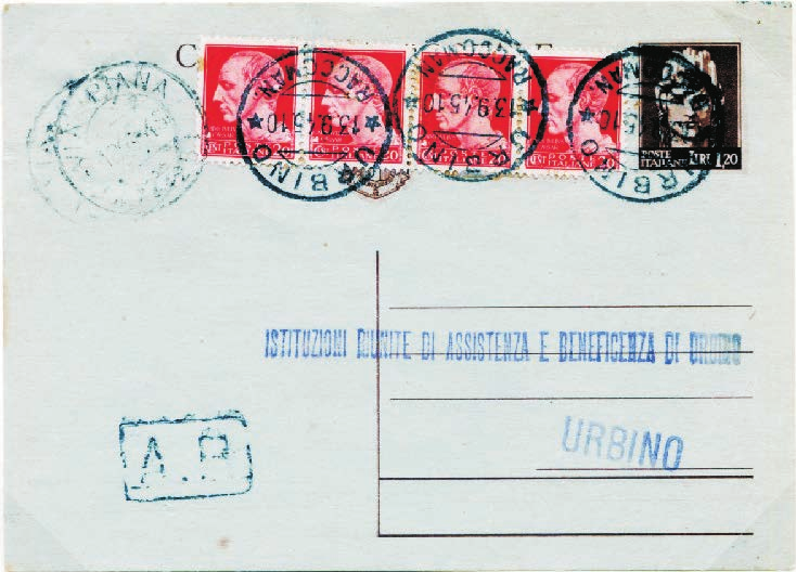 8 Regno d Italia - Uso negli altri servizi postali: Cartolina postale usata per A.R. Tariffa: VIII periodo 1.4.1945-31.1.1946 lire 2 Intero postale usato come Avviso di ricevimento, A.