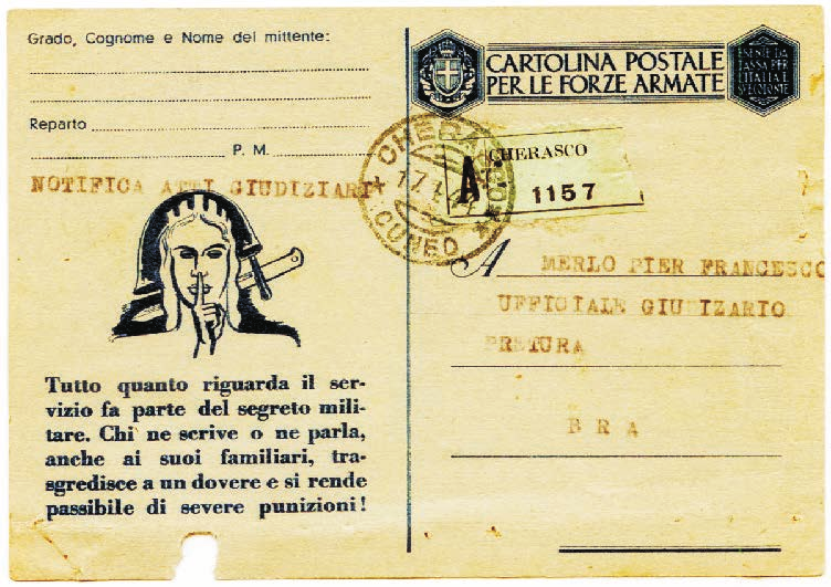 8 Regno d Italia - Uso negli altri servizi postali: Cartoline postali Forze Armate usate per A.R. Tariffa: VI periodo 16.8.1927-30.9.1944 c. 50 - Tariffa: VIII periodo 1.4.1945-31.