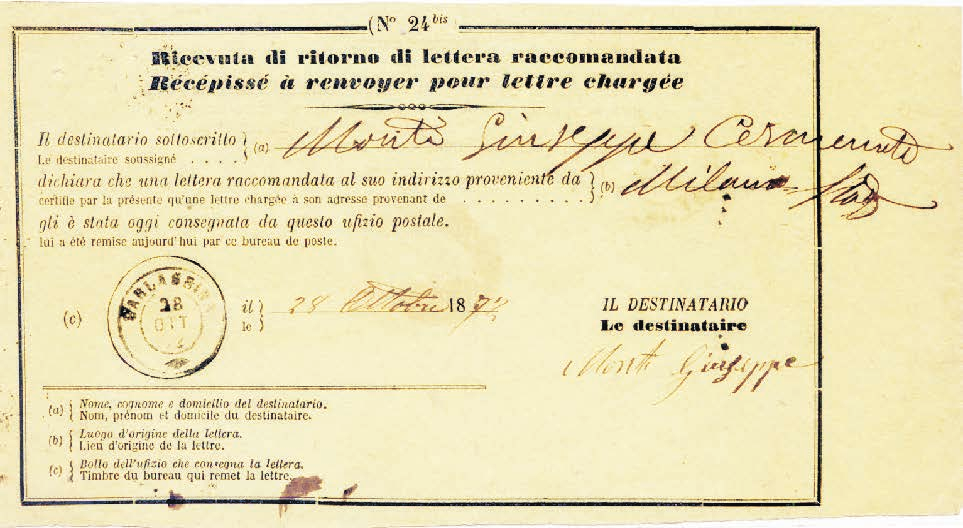 2 Regno d Italia Tariffa: I periodo 1.3.1861-28.2.1919 c. 20 Ricevuta di ritorno Mod. bilingue giallo n.