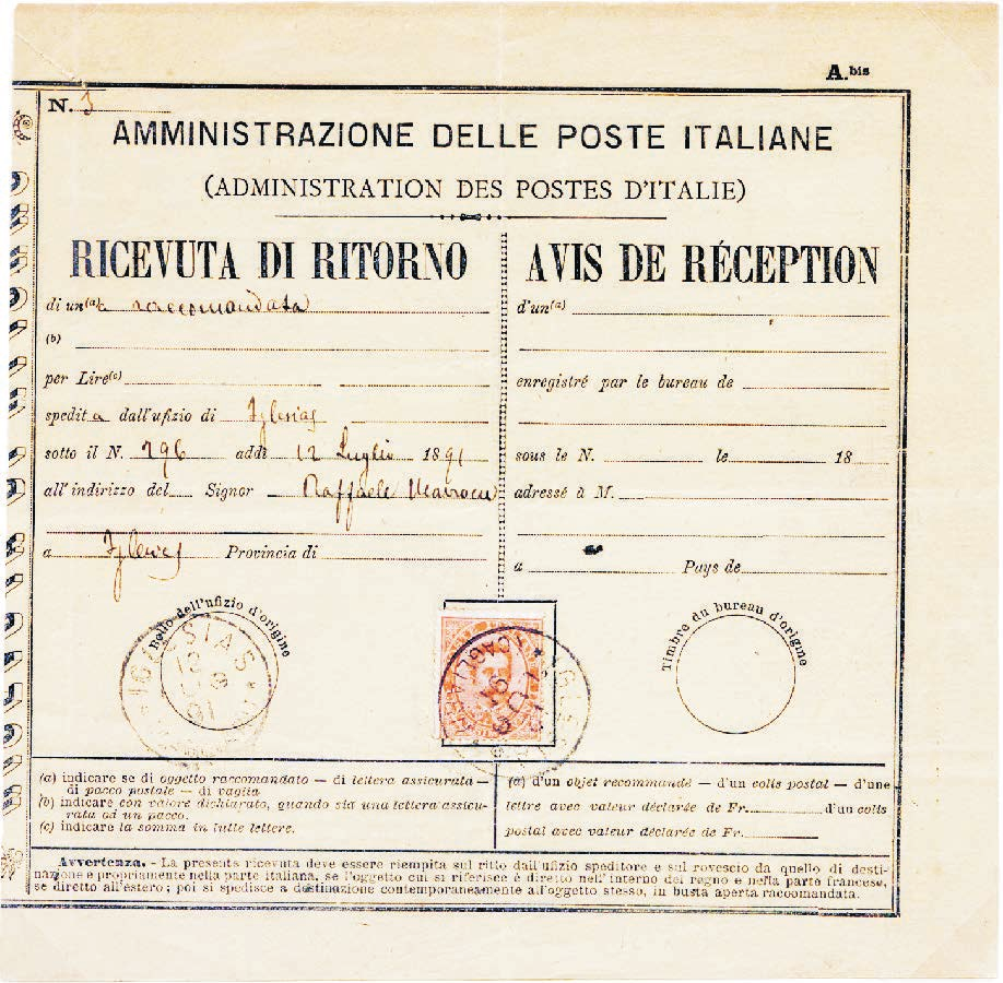 2 Regno d Italia Tariffa: I periodo 1.3.1861-28.2.1919 c. 20 Ricevuta di ritorno Mod. A.