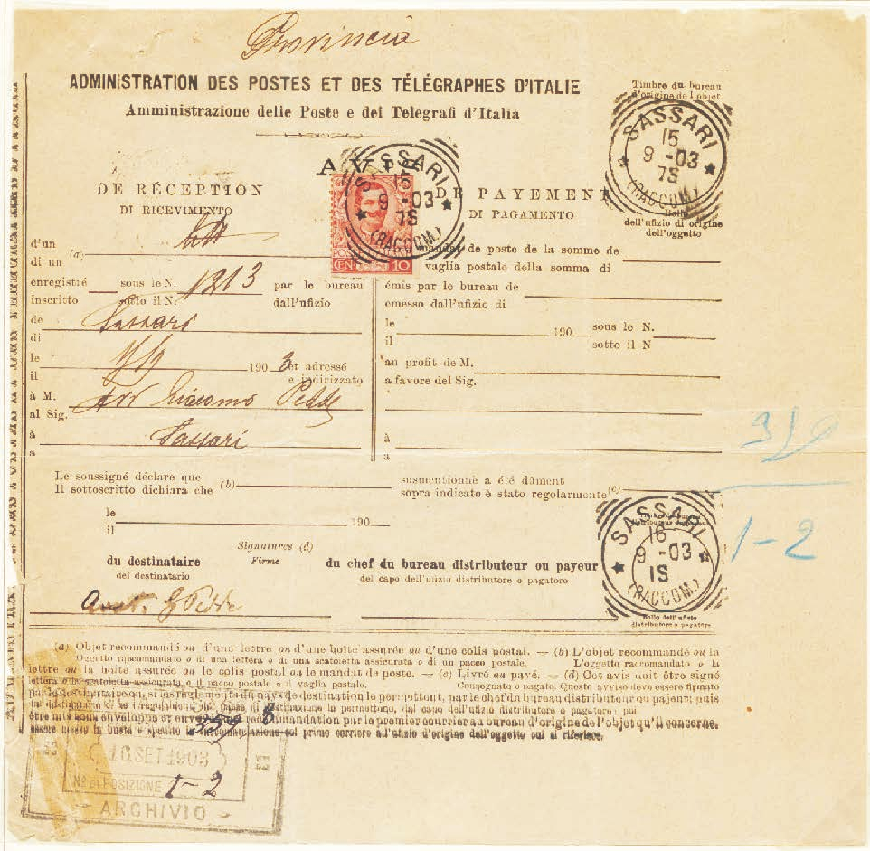 2 Regno d Italia Tariffa: I periodo 1.1.1891-28.2.1919 c. 10 in distretto Ricevuta di ritorno Mod.