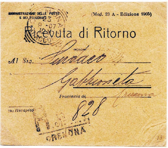 raccomandata spedita il 22 settembre 1907 da Gabbioneta a