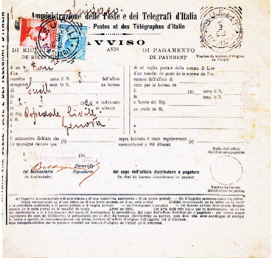 2 Regno d Italia Tariffa: II periodo 1.3.1919-31.1.1921 c. 25 Avviso di ricevimento, Mod. AVVISO, bilingue, di una lettera raccomandata spedita il 2 marzo 1920 da Suelli a Genova.