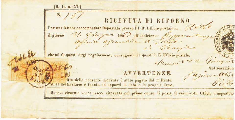 Tariffa assolta con c. 30 della serie Stemma Austro-ungarico 1850.