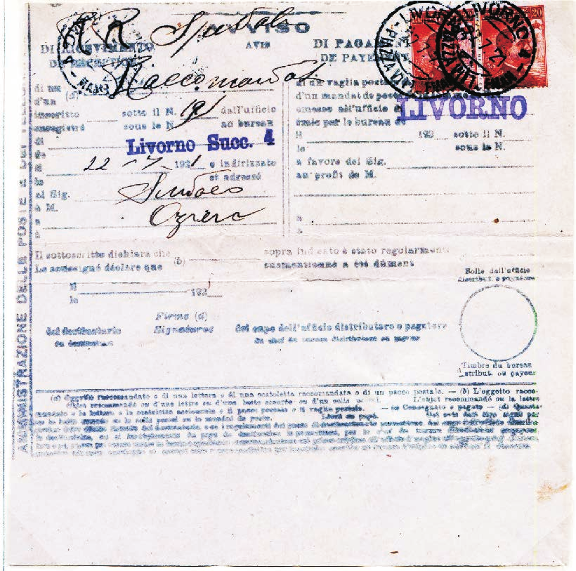 3 Regno d Italia Tariffa: III periodo 1.2.1921-31.12.1922 c. 40 Avviso di ricevimento, Mod.