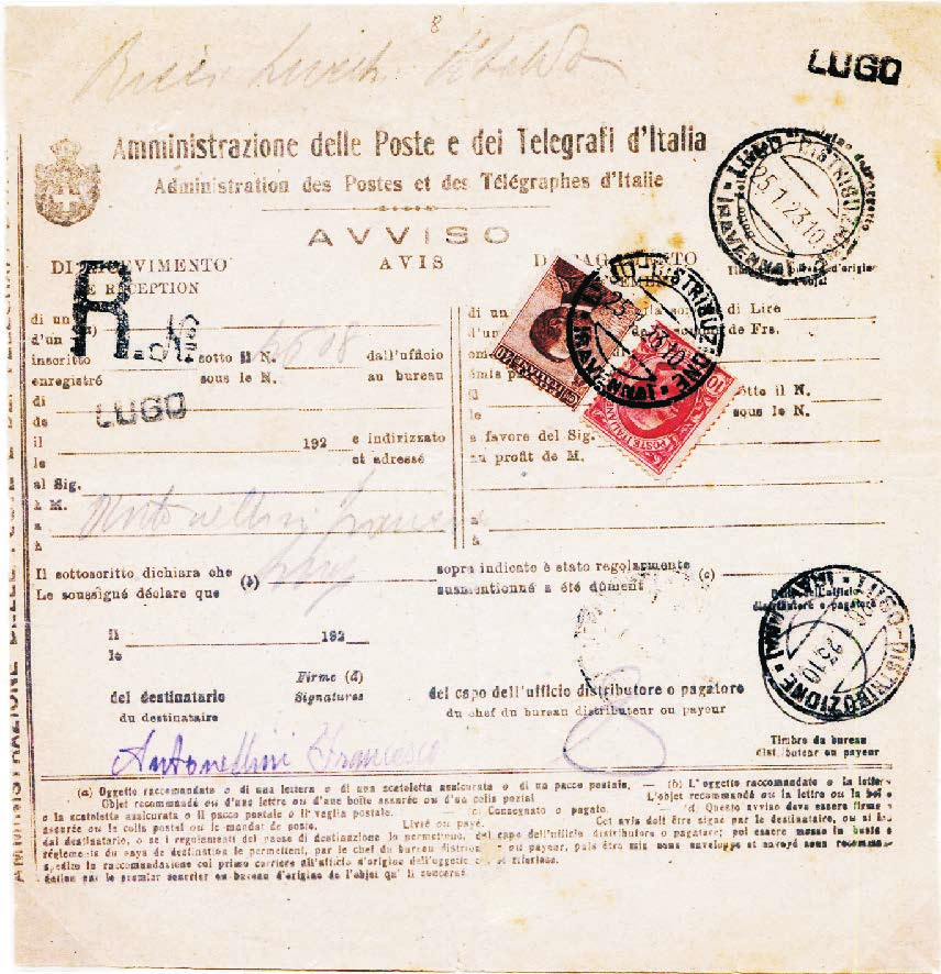 3 Regno d Italia Tariffa: IV periodo 1.1.1923-15.3.1925 c. 50 Avviso di ricevimento, Mod.
