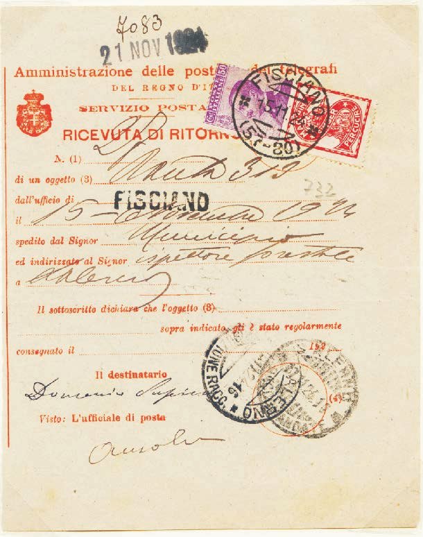 3 Regno d Italia Tariffa: IV periodo 1.1.1923-15.3.1925 c. 50 Ricevuta di ritorno Mod.