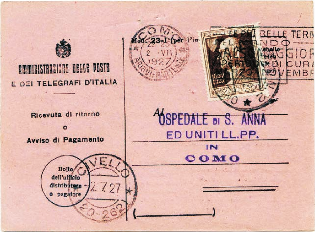 3 Regno d Italia Tariffa: V periodo 16.3.1925-15.8.1927 c. 60 Ricevuta di ritorno Mod.