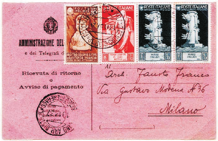 3 Regno d Italia Tariffa: VI periodo 16.8.1927-30.9.1944 c. 50 Ricevuta di ritorno Mod.