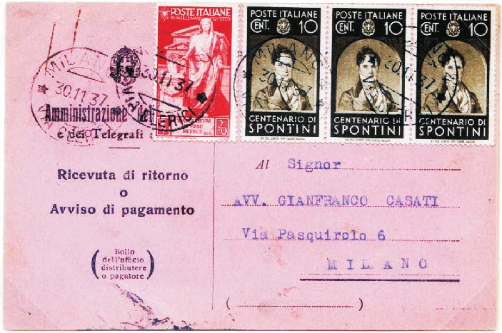 50 (striscia di 3 di c. 10 del Cent. uomini illustri + c. 20 Bimillenario di Augusto 1937). Ricevuta di ritorno Mod.