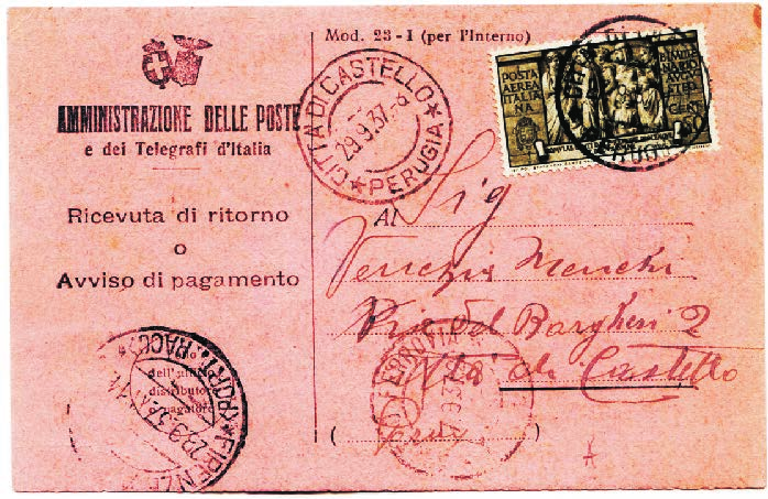 3 Regno d Italia Tariffa: VI periodo 16.8.1927-30.9.1944 c. 50 Ricevuta di ritorno Mod.