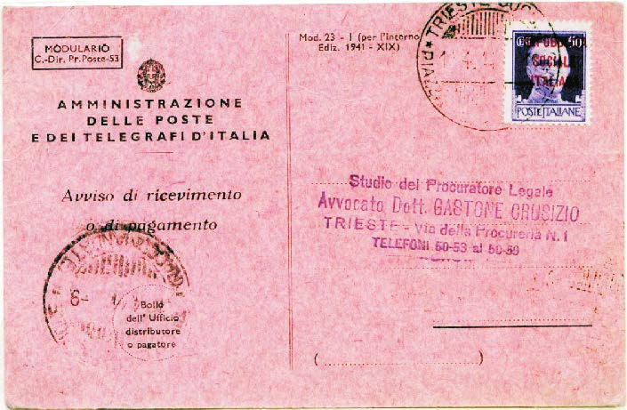 25 della serie G.N.R. dicembre 1943, tiratura Brescia. Avviso respinto servizio non ammesso per motivi militari. Avviso di ricevimento Mod.