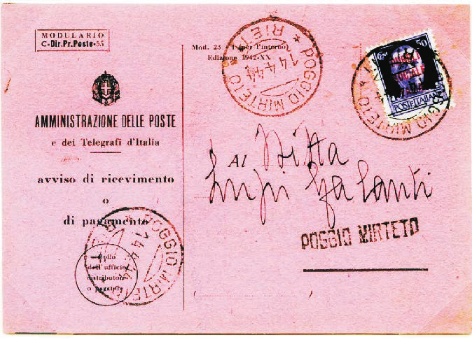 3 Repubblica Sociale Italiana: 27 settembre 1943-25 aprile 1945 Tariffa: VI periodo 16.8.1927-30.9.1944 c. 50 Avviso di ricevimento Mod.
